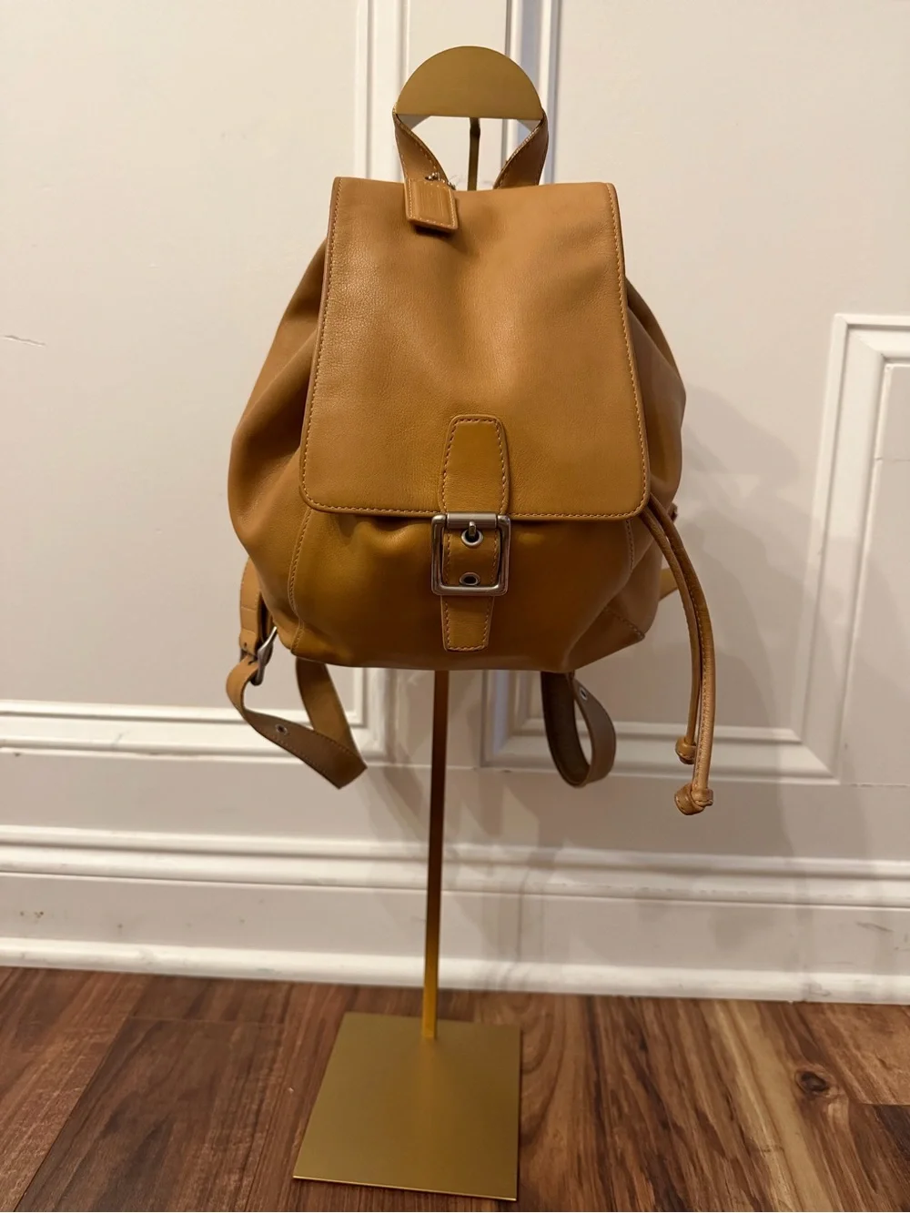 Coach Tan Leather Drawstring Backpack with Buckle Flap